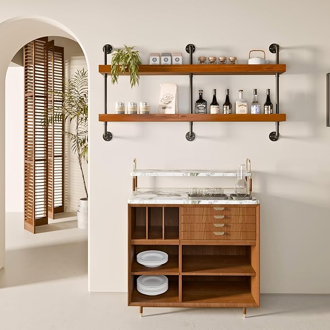 Industrial Wine Rack Wall Mounted, Solid Wood Shelf with Metal Pipe Brackets, 2-Tier Rustic Hanging Organizer for Wine Bottle Storage in Kitchen, Bar, Pub, Cellar(Walnut Brown, 60 Inch)