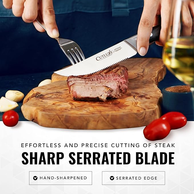 Cutluxe Steak Knives Set of 6, Serrated Steak Knives ??Forged High Carbon German Steel, Full Tang, Ergonomic Handle Design ??Artisan Series