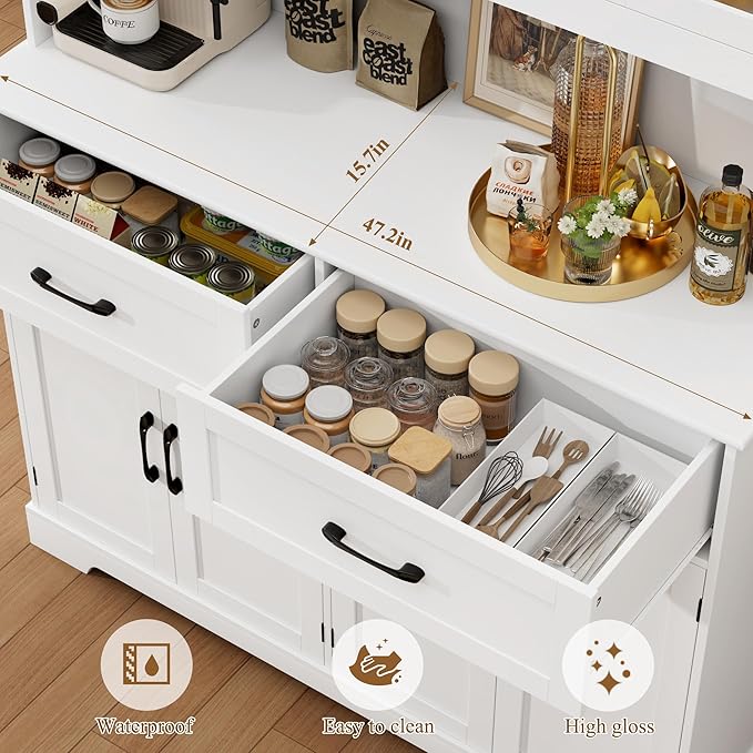 Pantry Storage Cabinet with Microwave Stand, 71" Tall Kitchen Hutch, Large White Pantry Cabinet with Glass Doors for Dining Room