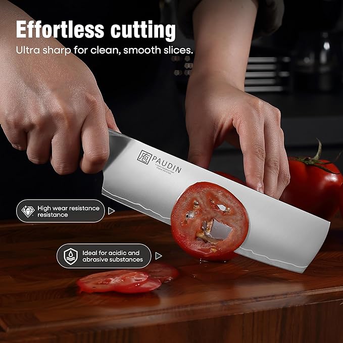 PAUDIN Nakiri Knife 7 Inch, High Carbon Stainless Steel Chef Knife, Ultra Sharp Asian Kitchen Knife for Meat and Vegetable, Chopping Knife with Ergonomic Wooden Handle