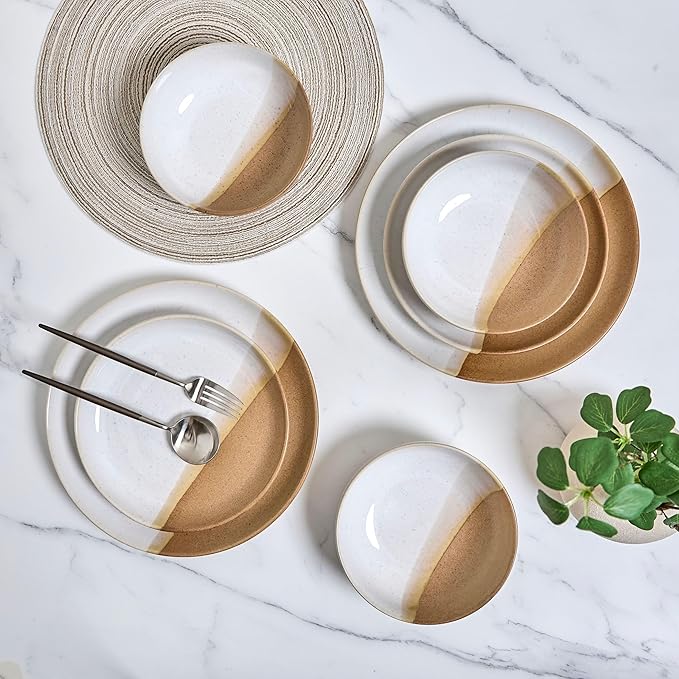 Sango Phoebe 12-Piece Multicolor Stoneware Dinnerware Set ??Service for 4, Plate & Bowl Set, Caramel Stoneware with a Rustic White Glaze, for Daily Dining & Entertainment, Microwave & Dishwasher Safe