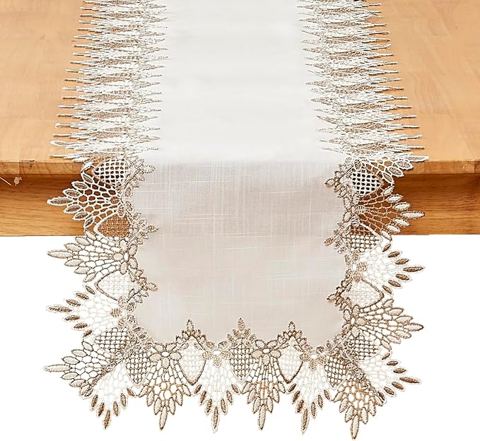 Raedan White Linen Table Runner 60 inches Long, Neutral Earth Tones Beige Lace Vinyl Dresser Scarf for Kitchen Coffee Table Wedding Party Home Decor (White, 16?쓝60??