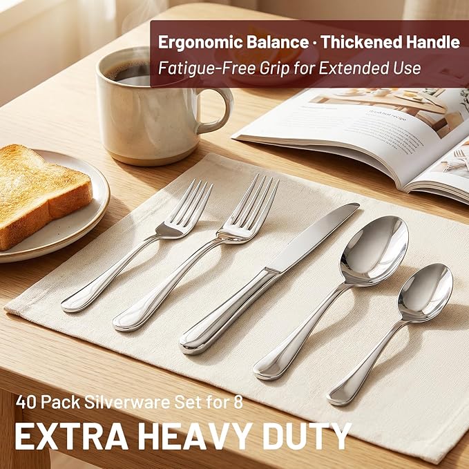 KIKCOIN 40 Pack Silverware Set for 8, Balanced Weight Stainless Steel Flatware Set, Mirror Polished Spoons And Forks Knife Set, Heavy Duty Cutlery Utensils Set for Home Kitchen Restaurant Wedding