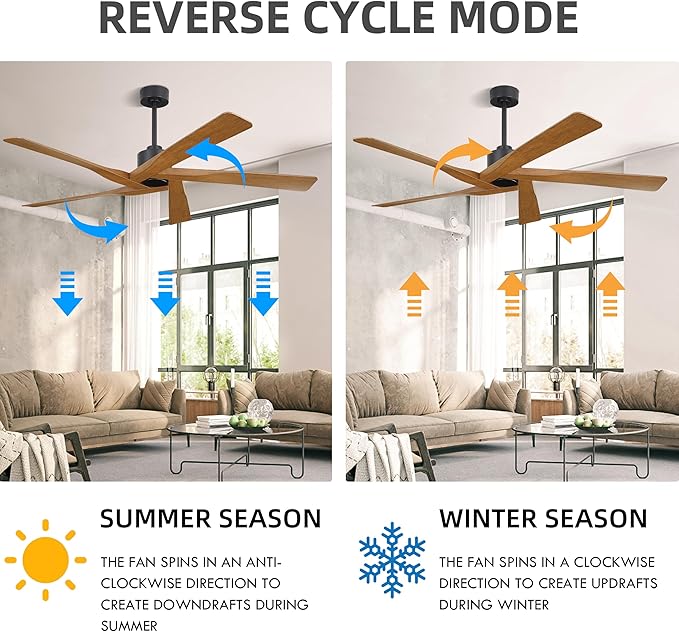WINGBO 64" ABS DC Ceiling Fan No Light, 5 Blade ABS Plastic Ceiling Fan with Remote, 6-Speed Reversible DC Motor, Ceiling Fans without Light for Kitchen Bedroom Living Room, Matte Black and Walnut