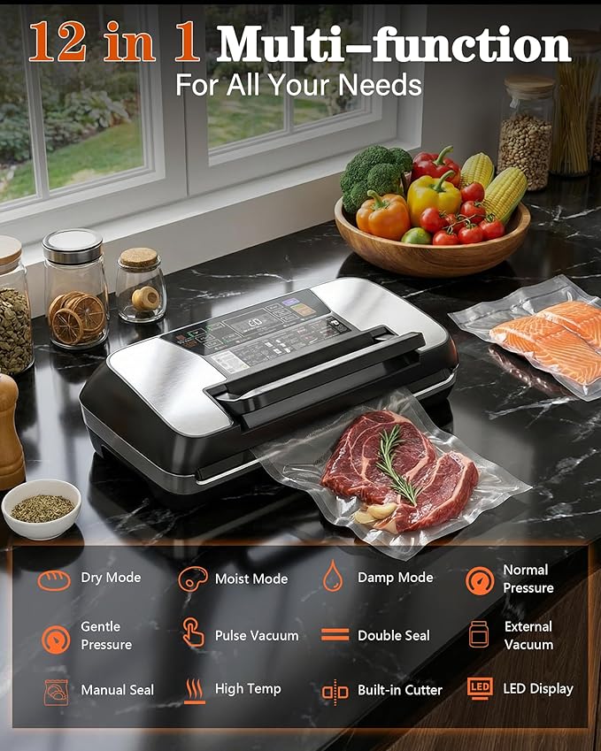95KPa Food Vacuum Sealer Machine, 230W Vacuum Pack Machine 12-in-1 Automatic Powerful Food Preservation System with Double Heat Seal, Includes Built-in Cutter, Storage, 1 Roll & 10 Bags