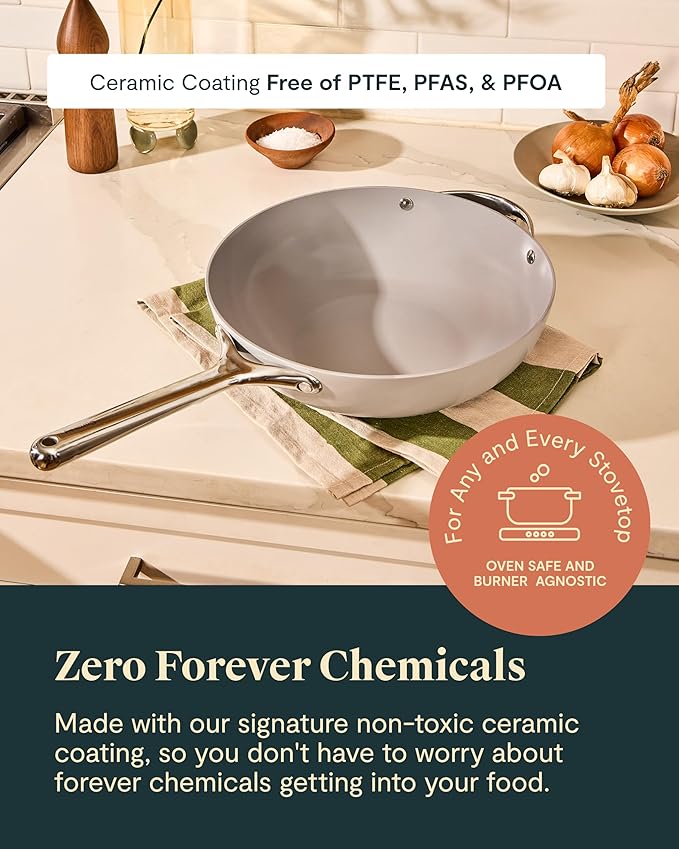Caraway Non-Stick Stir Fry Pan - 12??Wok-Inspired Pan - Free From Forever Chemicals - High-Sloped Walls - Stainless Steel Handles - White