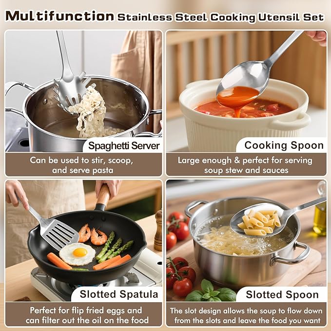 3 Pcs Stainless Steel Cooking Utensils Set, Heat Resistant Kitchen Utensils, Metal Kitchen Tools Include Solid & Slotted Spoon, Pasta Server, Ergonomic Handle, Dishwasher Safe, Easy to Clean, Silver