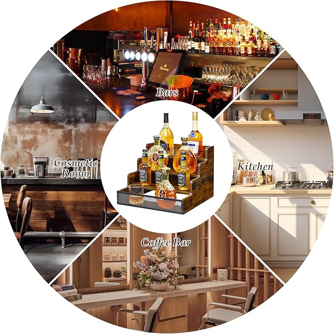 4 Step Countertop Liquor Bottle Display Shelf, Wood Bar Shelves 16 Bottles with Fences, Freestanding Storage Shelves for Liquor Whiskey Wine Coffee Syrup Display, Retro Wine Rack Home