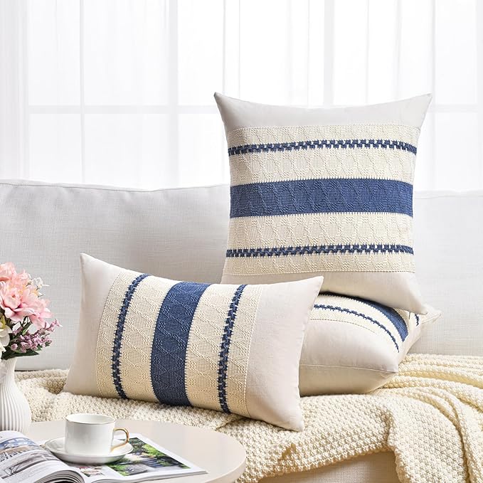 Fancy Homi Set of 2 Dusty Blue Vintage Long Lumbar Decorative Throw Pillow Covers 12x24 Inch for Couch Bed Sofa Chair Bedroom, Rustic Retro Square Cushion Case, Modern Farmhouse Boho Room Decor