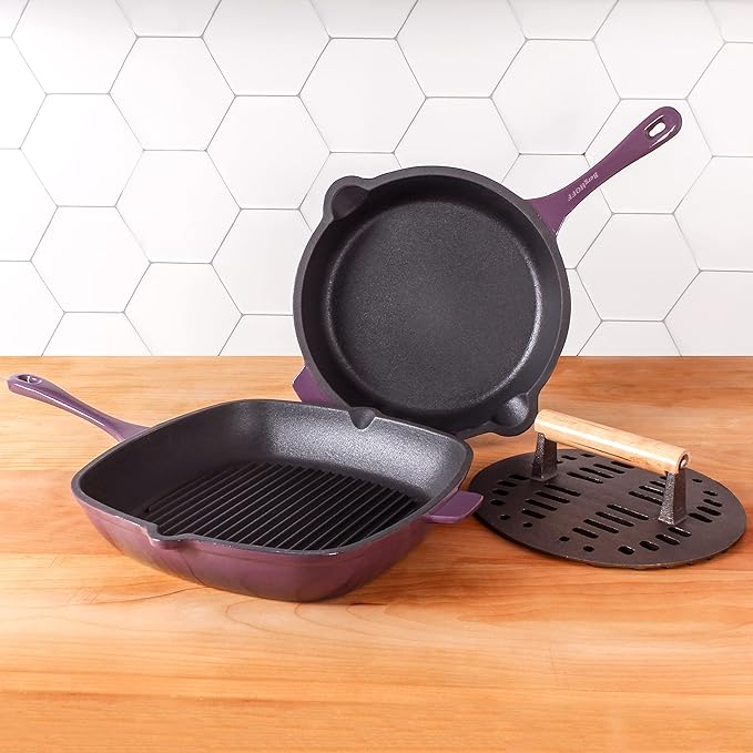 Berghoff Neo 3Pc Enameled Cast Iron Cookware Set, Fry Pan 10 inches, Grill Pan 11 inches, Slotted Steak Press, Fast, Evenly Heat, Oven safe (Purple)