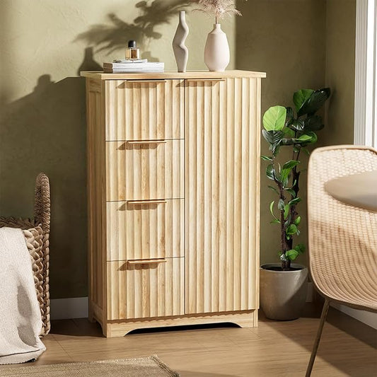 VINGLI Fluted Sideboard Buffet Cabinet, Modern Wood Storage Console with Doors and Drawers, Multi-Function Storage Cabinet for Living Room, Dining Room, Kitchen,Oak