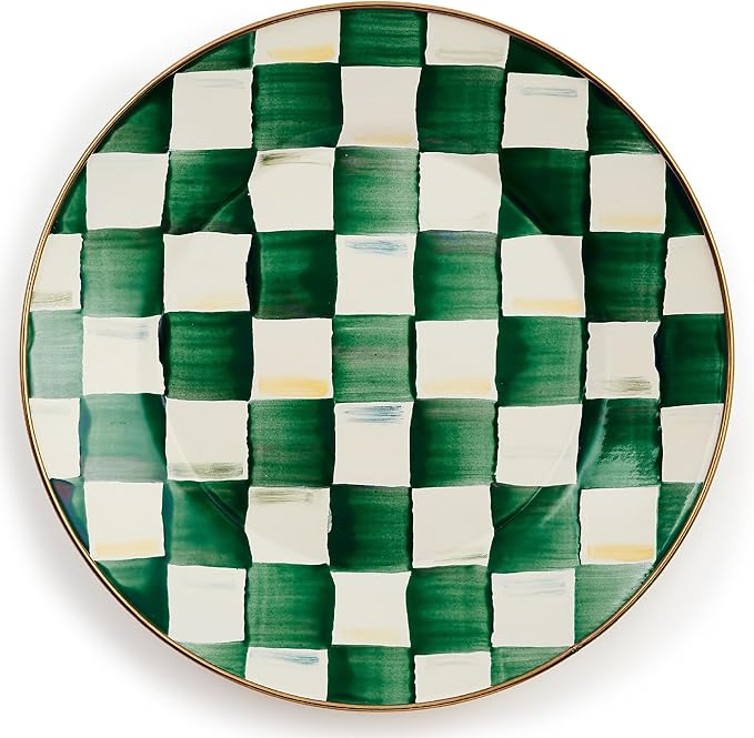 MACKENZIE-CHILDS Enamel Dinner Plate, Decorative Dinnerware Plate, 10 Inches, Green-and-White Emerald Check