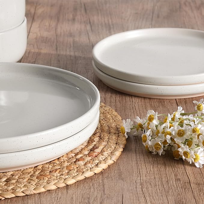 HaWare Stoneware Dinnerware Sets, 18-Piece Plates and Bowls Set for 6, Dishes Set for Home Restaurant, Speckled Milky White