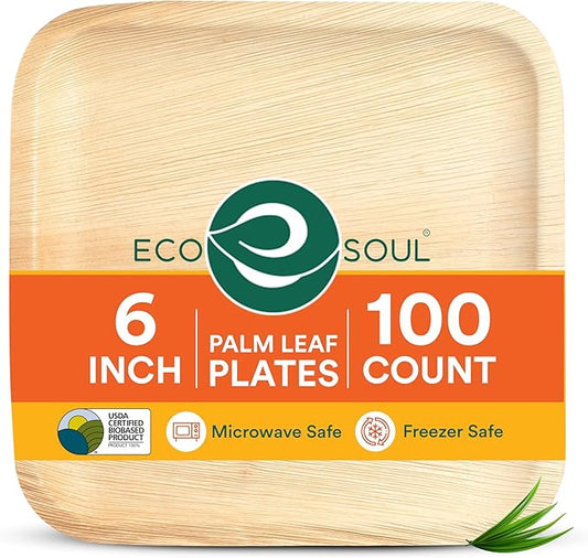 ECO SOUL Palm Leaf Plates 6" Square (100 Count) - Disposable, Eco-Friendly, Biodegradable Bamboo Appetizer Plates - Perfect Dinnerware for Christmas Parties, Weddings, Events & Holidays