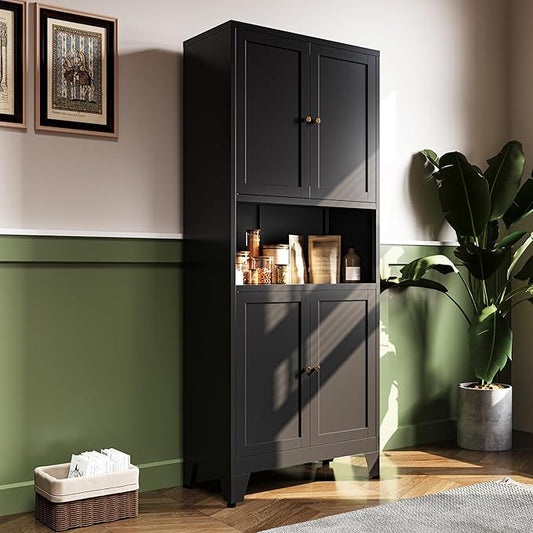 69"H Black Pantry Kitchen Cabinet with Microwave Stand,Black Metal Storage Cabinets,Freestanding Pantry Cabinet,Farmhouse Food Storage Cabinets,Tall and Large Pantry Cabinets for Kitchen, Dining Room