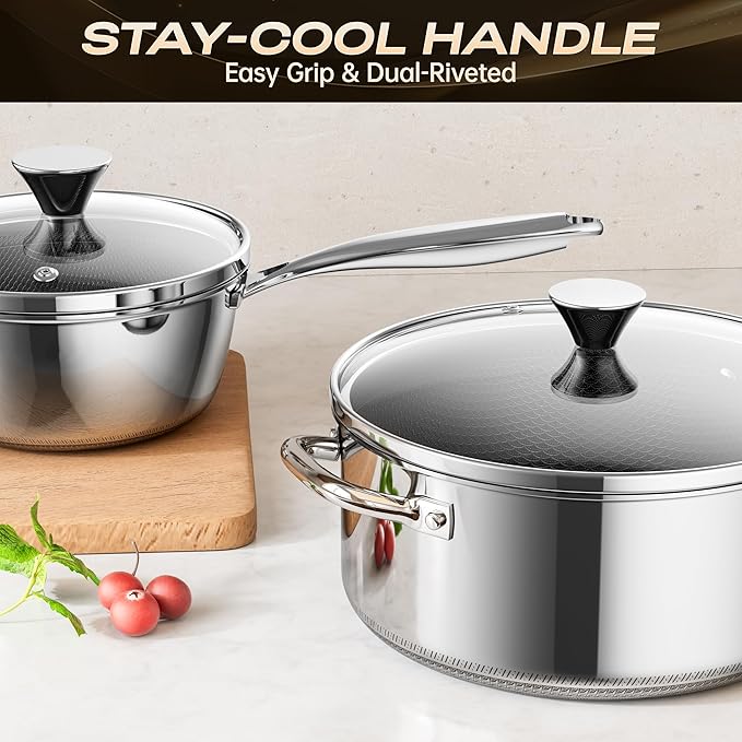 Hybrid Nonstick 2-Quart Stockpot,8 Inch Stainless Steel Stockpot with Glass Lid,PFAS PFOA PTFE Free, Dishwasher-Friendly, Oven-Safe Up to 600째F,Non-stick Soup Pot Compatible with All Cooktops