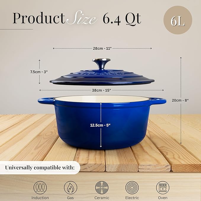 Nuovva Enamelled Cast Iron Dutch Oven Pot with Lid ??6.4 Quart Non Stick Casserole Pot ??Heavy Duty & Oven Safe up to 500째 F for Bread Baking, Braising, Stews, Roasting ??28cm Dark Blue