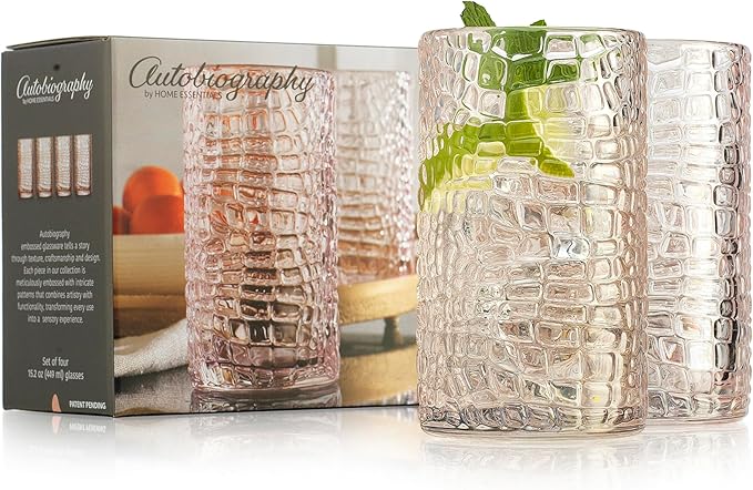 Glaver's Highball Glasses Set of 4 Pink Drinking Glasses, 15 Ounce Crackle Textured Newly Designed Patent Design Glassware Elegant Heavy Duty Drinkware Set, Home Bar Kitchen Water Juice Cocktails