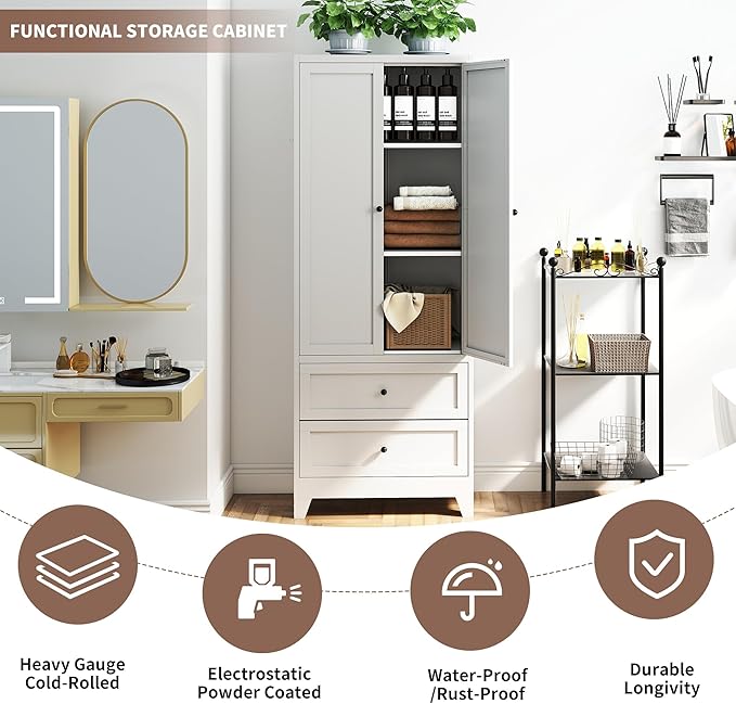Kitchen Pantry Storage Cabinets with Drawers, 72" Tall Kitchen Cupboard Metal Pantry Cabinet with Adjustable Shelves, for Home Office Living Dining Room, Assembly Required(White)