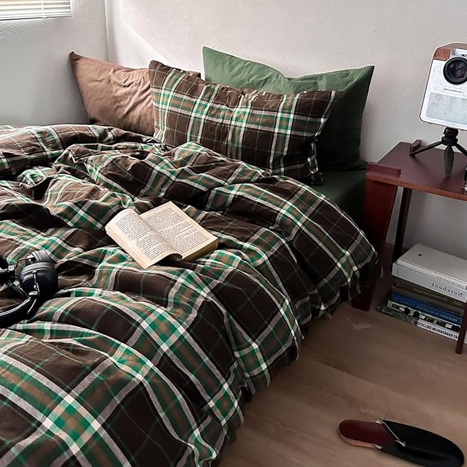 LifeTB Brown Green Plaid Comforter Set King Size, 3 Pieces Grid Gingham Bedding Comforter with 2 Pillowcases, Fluffy Soft Farmhouse Grid Bedding Vintage Plaid Checkered Comforter Set for All Seasons
