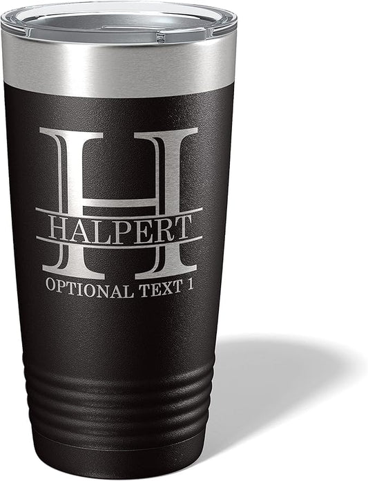 Personalized 20oz (17 Colors) Powder Coated Insulated Stainless Steel Tumbler with Lid, Custom Etched, Customized Engraved Gift Idea for Women Men Her Him, Halpert Monogram Initial Name (Black)
