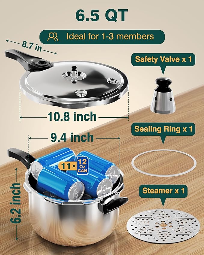WantJoin Pressure Cooker Stainless Steel 6.5 Qt, Commercial Stove Top Pressure Cooker Pot Used for Pressure Foodie or Steaming, Compatible with Gas & Induction Cooker