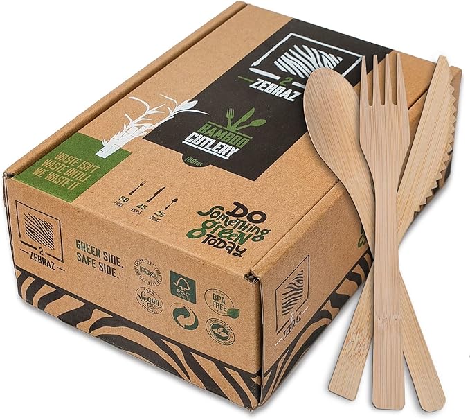 2ZEBRAZ Bamboo Cutlery Set ??100 Disposable Utensils (50 Forks, 25 Knives, 25 Spoons) | Reusable Smooth Flatware, Heavy-Duty Natural Tableware for Parties, Catering & Dining