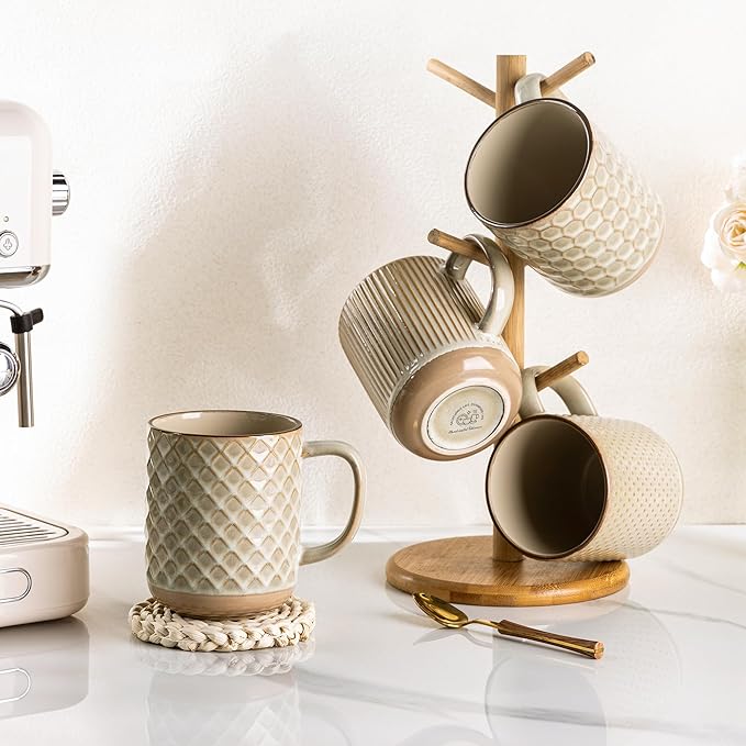 GBhome Large Coffee Mugs Set of 4, 16oz Handmade Stoneware Coffee Mugs Set with Large Handle for Cappuccino/Latte/Tea/Hot Cocoa, Dishwasher & Microwave Safe-Pale khaki