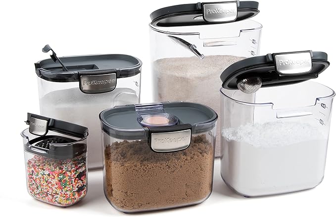 ProKeeper+ Airtight Food Storage Container Set ??Clear Plastic Flour and Sugar Canister Set with Magnetic Accessories for Kitchen Organization (Grey, 9-Piece)