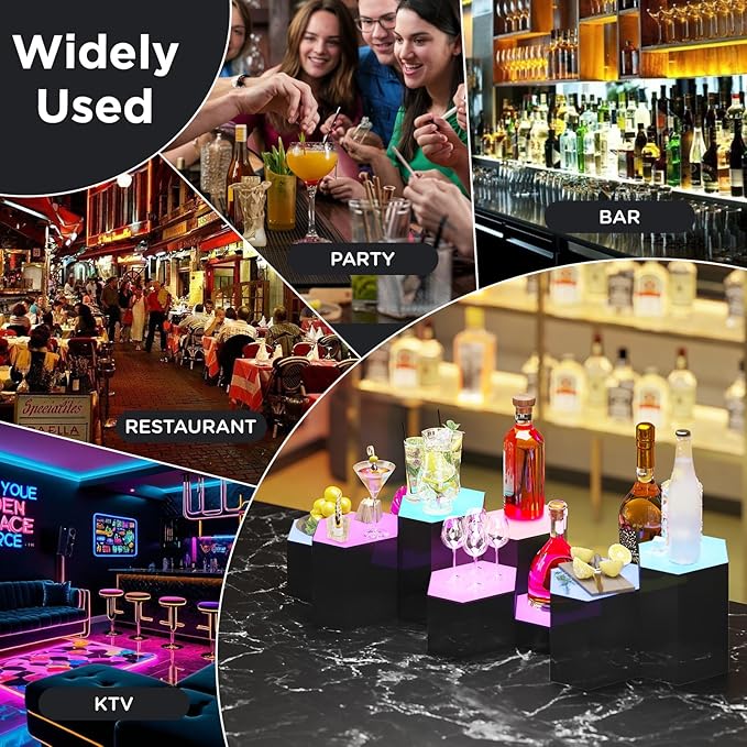 Dethan Hexagon Lighted Liquor Bottle Display Shelf - Wall-Mounted Wine Rack with Multi-Color App & Remote Control, Adjustable Brightness & Sound Modes, Acrylic Bar Shelves for Club Displays