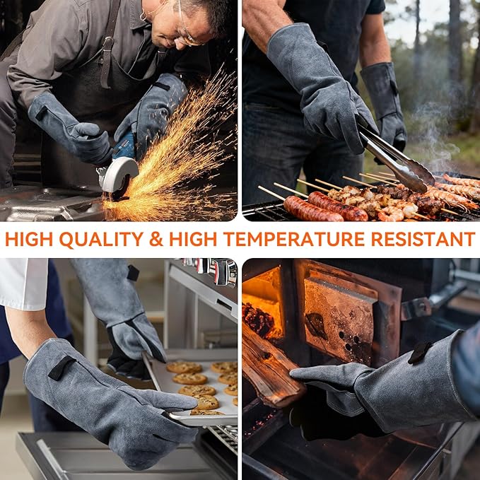 OZERO 932째F Heat Resistant Welding Gloves 16 inches Cowhide Leather - Long Sleeve and Insulated Lining BBQ Glove for Tig Welder/Mig/Grill/Barbecue/Stove Black-gray