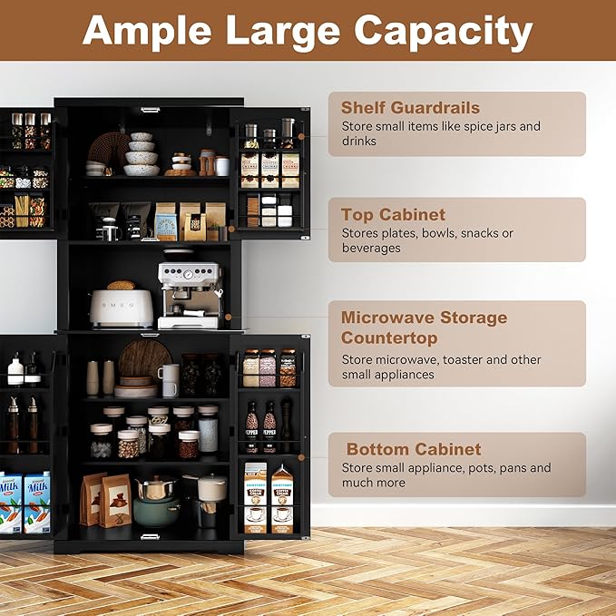 HLR 72" Kitchen Pantry Storage Cabinet, Freestanding Larder Cupboard, Kitchen Hutch Cabinet with Microwave Stand,Utility Pantry with Doors and Shelves for Dining Room, Living Room