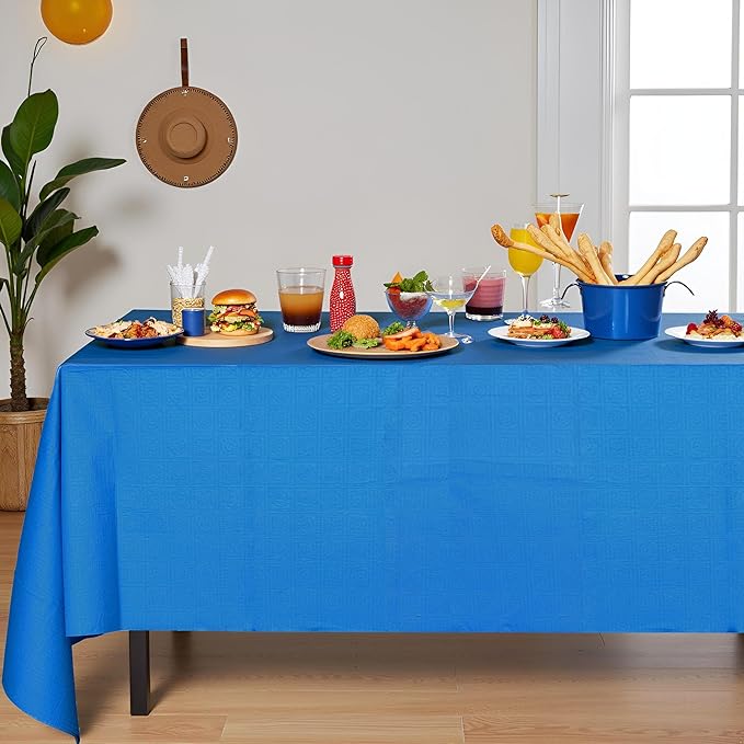 [6 Pack] Blue Paper Tablecloth Disposable for Rectangle Tables, 54X108 Inch Party Paper Table Cover with Plastic Backing, Waterproof 3 Ply Paper&Plastic Table Cloth for Banquet Birthday Indoor Outdoor