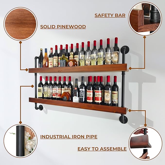 Industrial Wine Rack Wall Mounted, Solid Wood Shelf with Metal Pipe Brackets, 2-Tier Rustic Hanging Organizer for Wine Bottle Storage in Kitchen, Bar, Pub, Cellar(Walnut Brown, 48 Inch)