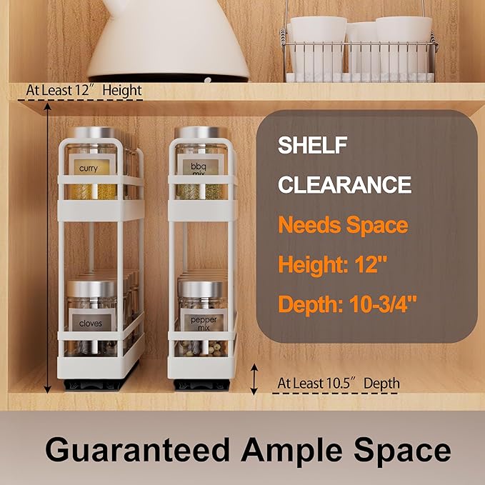 Finnhomy Pull Out Spice Racks for Inside Cabinets, Whole Metal Manufacturing, Vertical Spice Rack Pull Out, Spice Organizer, 2.16" W 횞 10.39" D 횞 9.76" H, 2 Drawers & 2 Tiers, 2 Pack, Light Gray