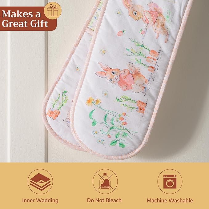 Maison d' Hermine Double Oven Mitts 100% Cotton 7"x35" Double Oven Mitt Heat Resistant BBQ Cooking Gloves with Loop, Baking, Grilling, Home, Kitchen, Handling Hot Pans Spring Summer (Bunny Party)