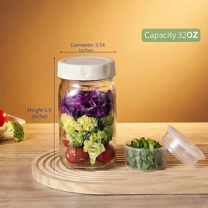 4PCS Salad Jars with 2 Built-in Dressing Containers, 32Oz Cold-resistant Leak-proof Meal Prep Containers, Glass Mason Jars For Storing Salad, Honey, Soybeans, etc. (Color mixing)
