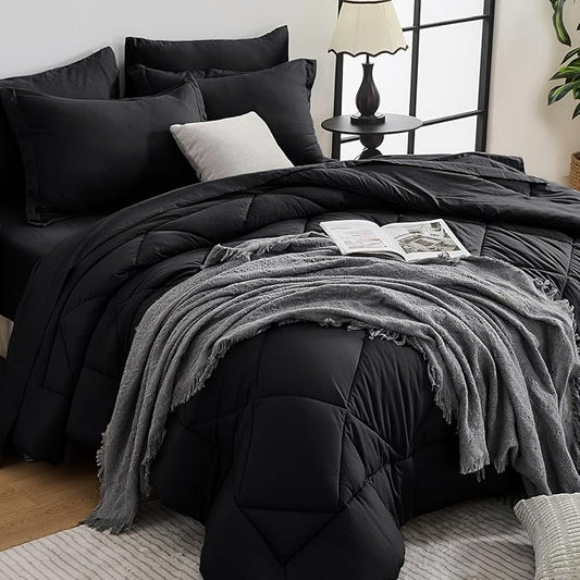 HEVUMYI Black Full Comforter Set - 7-Piece All Season Bed in a Bag Full, Ultra Soft Bedding Set with Comforter, Flat Sheet, Fitted Sheet, Pillowcases, Pillow Shams, Black