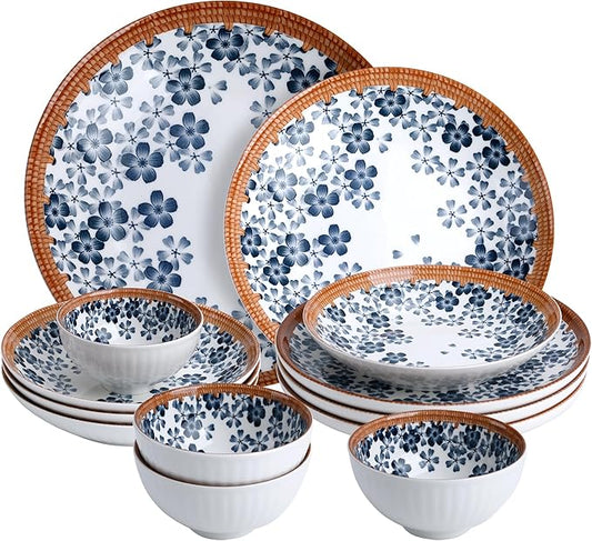 Sakura Blossom Dinnerware Set 12-Piece, Porcelain Plates and Bowls Set for 4, Microwave and Dishwasher Safe