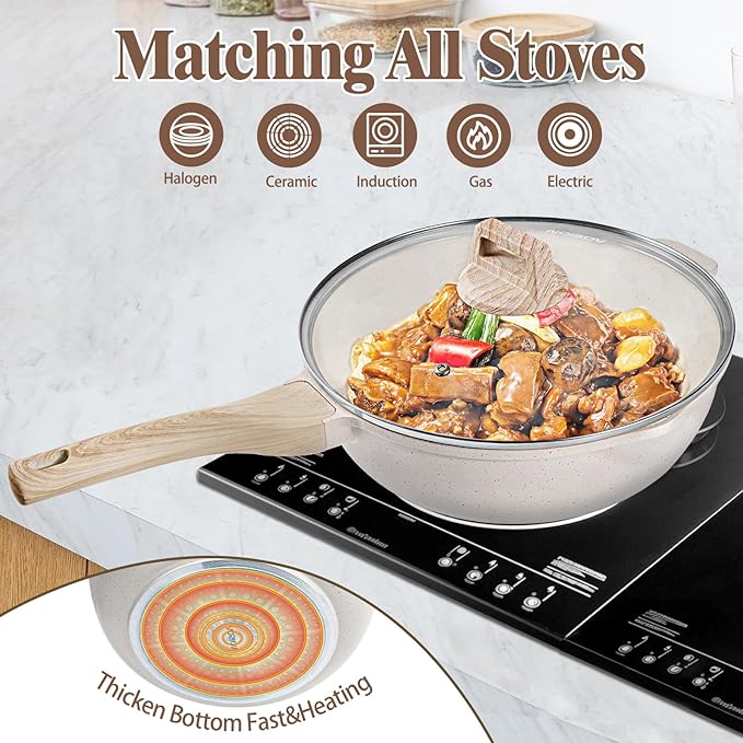 AOSION 11 Inch Nonstick Ceramic Deep Frying Pan Skille with Lid,5QT Saut챕 Pan for Cooking with Steam Rack,Healthy Large Skillet,Stay Cool Handle, Induction Compatible, PFOA & PFAS Free.(WHITE)