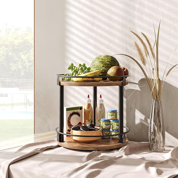 Lazy Susan Organizer, Rotating Spice Rack, 2 Tier Spice Turntable Organizer, Industrial Turntable Spice Holder, for Kitchen Countertop and Cabinet, Compact and Versatile, Rustic Brown SR22BR