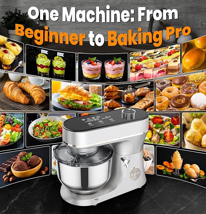 Stand Mixer 6QT Kitchen Mixer with LED Smart Touchscreen, 11-Speed Tilt-Head Mixer with Timer, 4 Preset Menus, Stainless Steel Bowl, Dough Hook, Whisk, Beater,Sliver