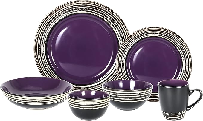48 Piece Dinnerware Set, Ceramic Plates and Bowls Sets for 8, Microwave and Dishwasher Safe, Handcrafted Tree Bark Series Dish Set, Lavender/Purple