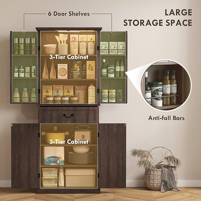 HOMCOM 71" LED Kitchen Pantry Cabinet, Farmhouse Tall Freestanding Storage Cabinet with Door Shelves, Adjustable Shelves and Drawer for Kitchen and Dining Room, Distressed Brown