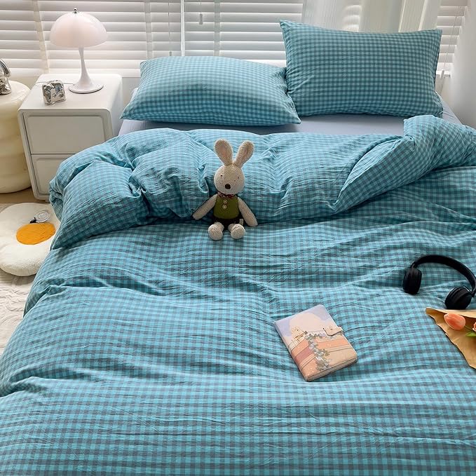 LifeTB Blue Gingham Comforter Set Full Modern Style Blue Grey Plaid Grid Comforter 3 Pieces Farmhouse Checkered Pattern Comforter with 2 Pillowcases Soft Fluffy Gingham Bedding Set Breathable
