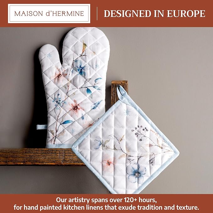 Maison d' Hermine 100% Cotton Oven Mitt & Pot Holder Set (7.5"x13" & 8"x8") Heat Resistant BBQ Cooking Gloves with Loop for Thanksgiving Christmas Decorations Handling Hot Pans (Ice Florals)
