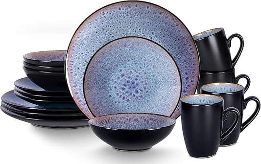 Stoneware Dinner Set Reactive Glaze (16pc Set, Grey)