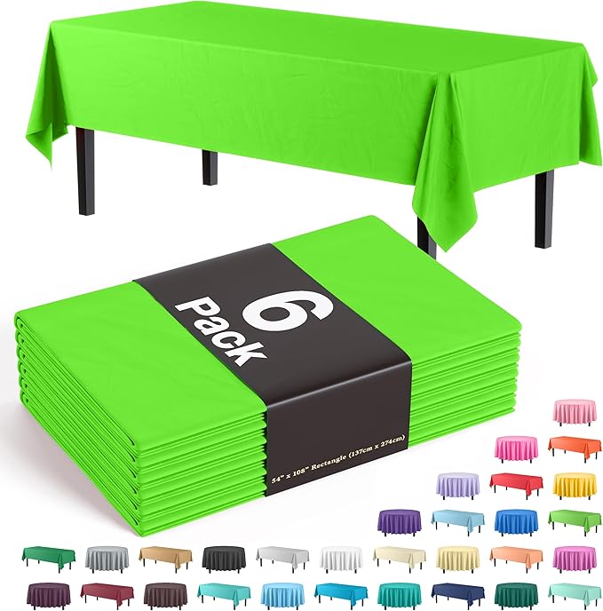 Party Solids Pack Of 6 Premium Plastic Tablecloth 54 Inch x 108 Inch Rectangle Plastic Table Cover - Lime Green