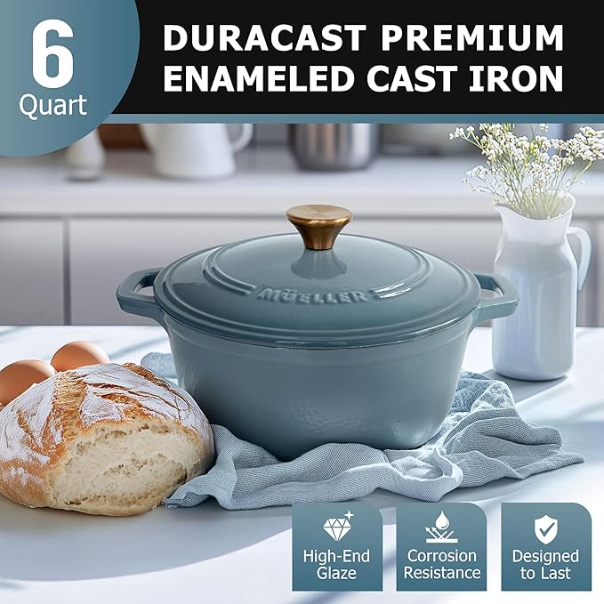 MUELLER HOME 6 Quart Enameled Cast Iron Pot Dutch Oven, Heavy-Duty, Oven-Safe up to 500째 F & Across All Cooktops, Bread Pan with Lid & Knob, Cast Iron Cookware, Blue Kitchen Accessories, Mineral Blue