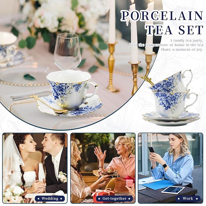 TATSUMI Country Roses 18 Peices Bone China Tea Cup And Saucer Set, English Vintage Tea Cups Of 6 For Women And Tea Party Sets(Rose Blue,6 Sets)